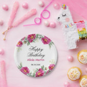 Chique rood violet pioen bloemig groen verjaardag papieren bordje (Feest)