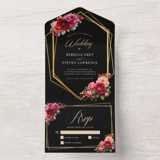 Chique rood zwart bloemenbruiloft all in one uitnodiging (Binnen)