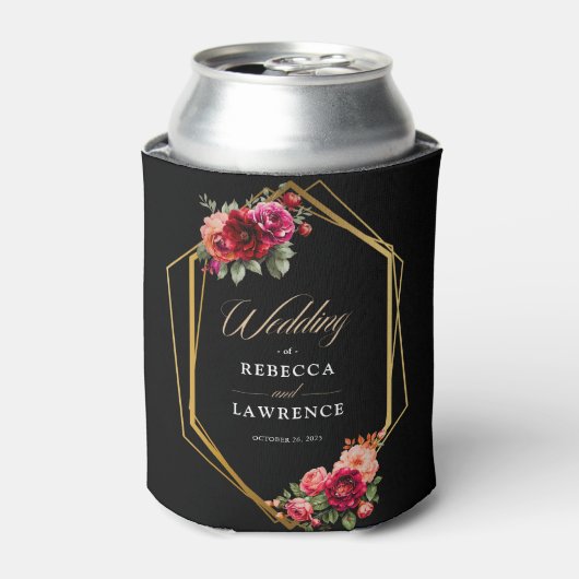 Chique rood zwart bloemenbruiloft blikjeskoeler (Blikje Voorkant)