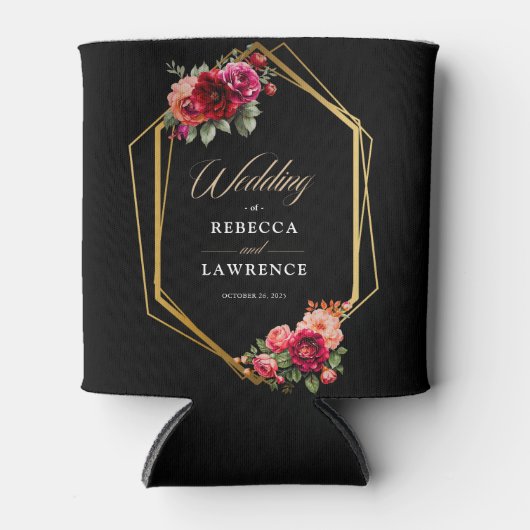 Chique rood zwart bloemenbruiloft blikjeskoeler (Voorkant)