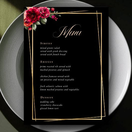 Chique rood zwart bloemenbruiloft menu