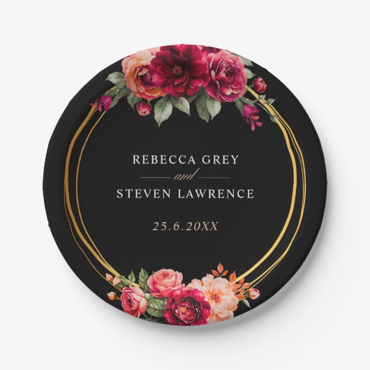 Chique rood zwart bloemenbruiloft papieren bordje (Voorkant)