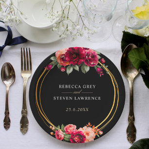 Chique rood zwart bloemenbruiloft papieren bordje