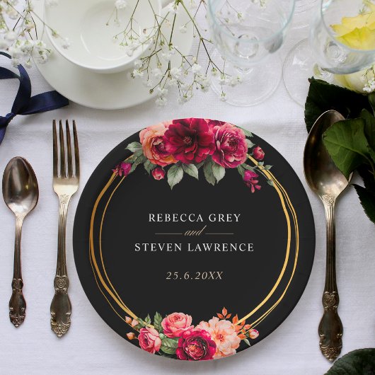 Chique rood zwart bloemenbruiloft papieren bordje