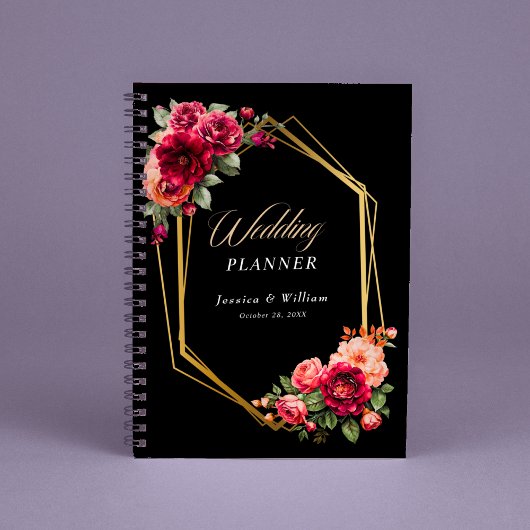 Chique rood zwart bloemenbruiloft planner