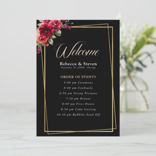 Chique rood zwart bloemenbruiloft programma programmakaart (Staand voorkant)