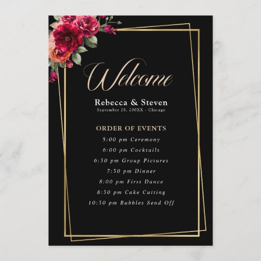 Chique rood zwart bloemenbruiloft programma programmakaart (Voorkant)