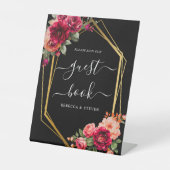 Chique rood zwart bloemenbruiloft reclamebord met voetstuk (Voorkant)