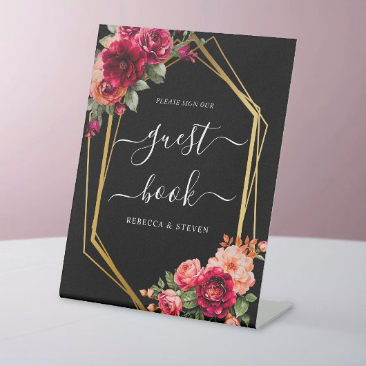 Chique rood zwart bloemenbruiloft reclamebord met voetstuk