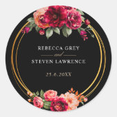 Chique rood zwart bloemenbruiloft ronde sticker (Voorkant)