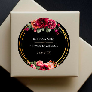 Chique rood zwart bloemenbruiloft ronde sticker