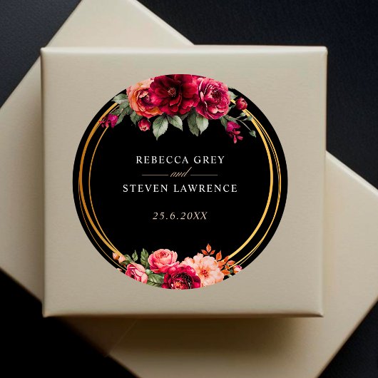 Chique rood zwart bloemenbruiloft ronde sticker