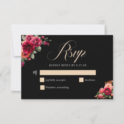 Chique rood zwart bloemenbruiloft RSVP kaartje (Voorkant)