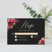Chique rood zwart bloemenbruiloft RSVP kaartje (Staand voorkant)