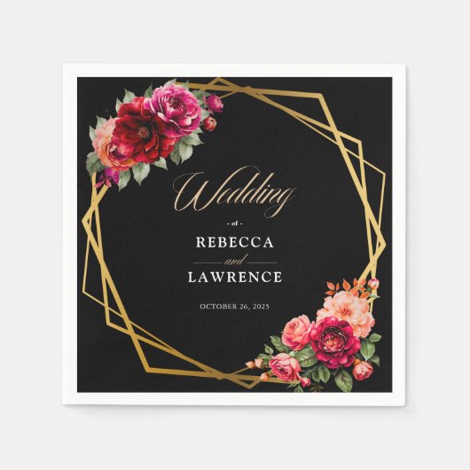 Chique rood zwart bloemenbruiloft servet (Voorkant)