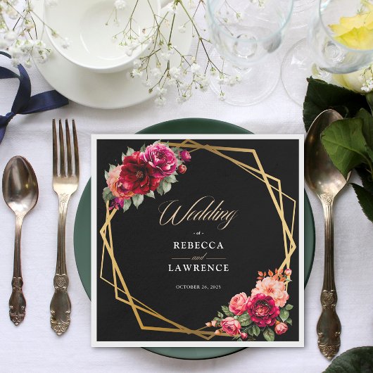 Chique rood zwart bloemenbruiloft servet