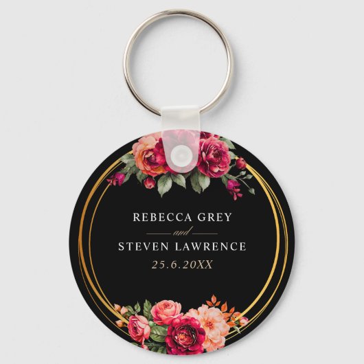 Chique rood zwart bloemenbruiloft sleutelhanger (Voorkant)