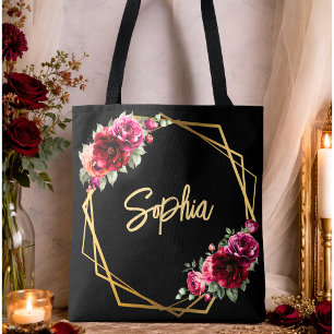 Chique rood zwart bloemenbruiloft tote bag