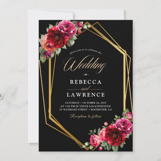 Chique rood zwart bloemenbruiloft uitnodiging (Voorkant)