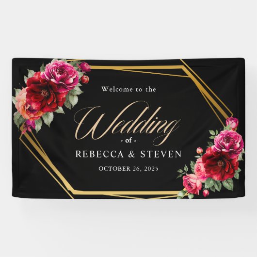Chique rood zwart bloemenbruiloft welkom spandoek (Horizontaal)