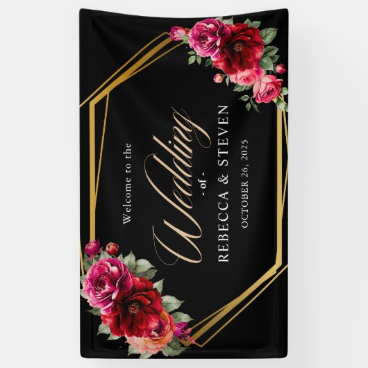 Chique rood zwart bloemenbruiloft welkom spandoek (Verticaal)