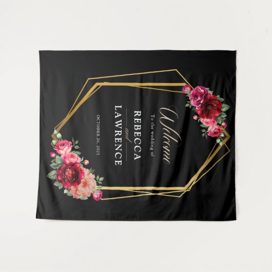 Chique rood zwart bloemenbruiloft welkom wandkleed (Voorkant (horizontaal))