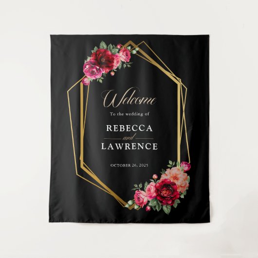 Chique rood zwart bloemenbruiloft welkom wandkleed (Voorkant)