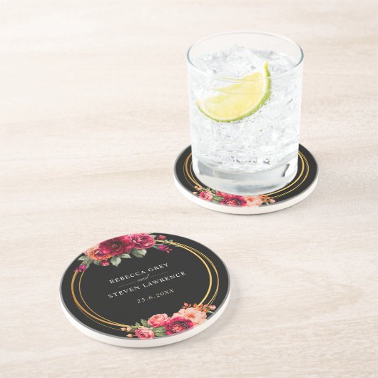 Chique rood zwart bloemenbruiloft zandsteen onderzetter (Zijkant)