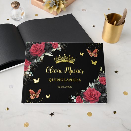 Chique Rood Zwart Bloemig Vlinders Quinceanera Gou Gastenboek (Voorkant open)