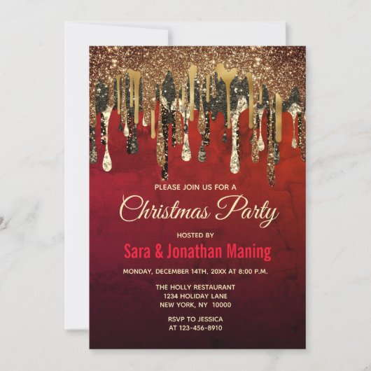 Chique rood zwart en goud glitter druipt Kerstmis Kaart (Voorkant)