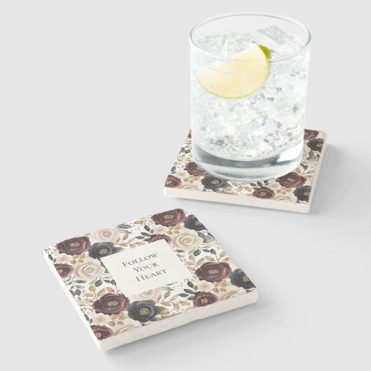 Chique roodcrème bloemmotief   stenen onderzetter (Zijkant)