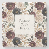 Chique roodcrème bloemmotief   stenen onderzetter (Voorkant)