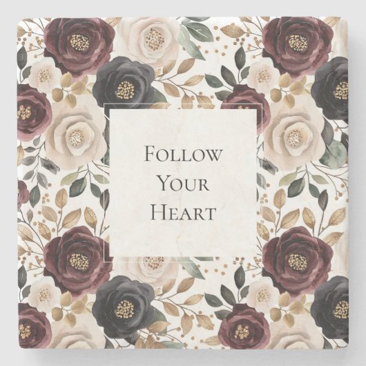 Chique roodcrème bloemmotief   stenen onderzetter (Voorkant)