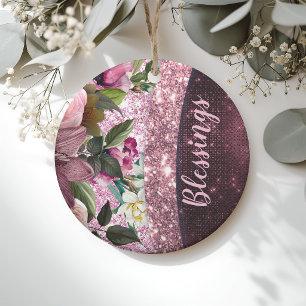 Chique roodroze paarse bloem glitter monogram keramisch ornament