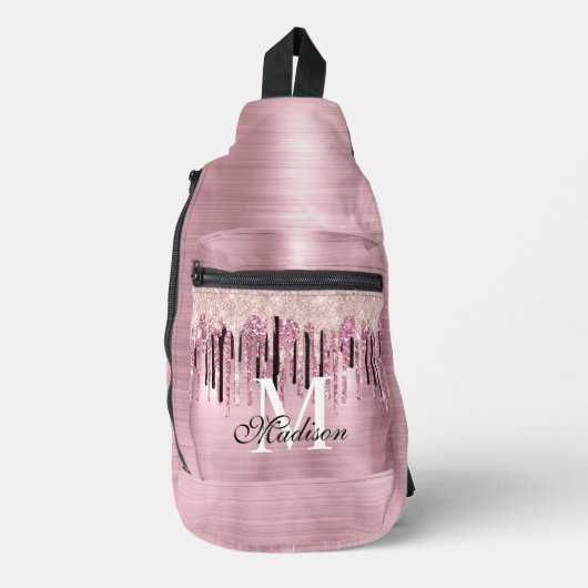 Chique roos blush roze druppelen monogram bedrukt sling bag (Voorkant)