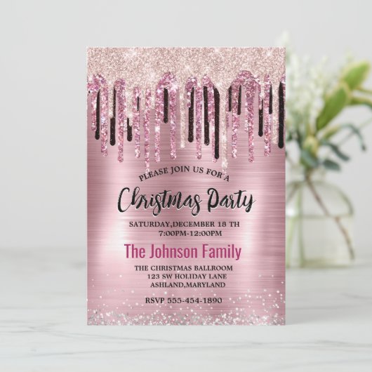 Chique roos blush roze druppelen monogram kerst kaart (Staand voorkant)