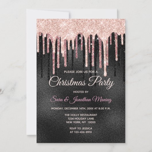 Chique roos blush zwart druppelen monogram kerst kaart (Voorkant)
