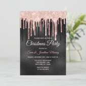 Chique roos blush zwart druppelen monogram kerst kaart (Staand voorkant)