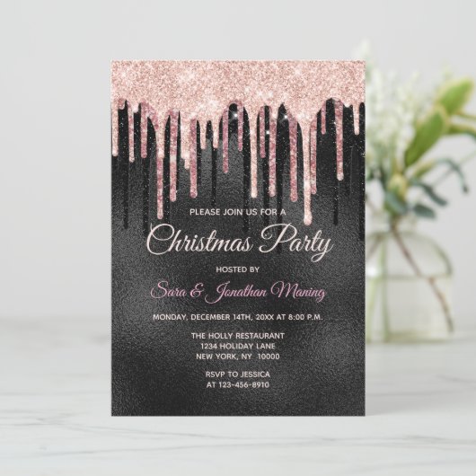 Chique roos blush zwart druppelen monogram kerst kaart (Staand voorkant)