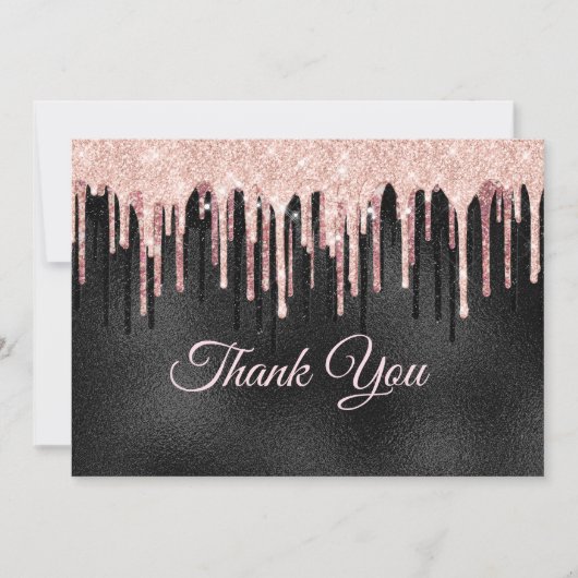 Chique roos blush zwart glitter druppelen monogram bedankkaart (Voorkant)