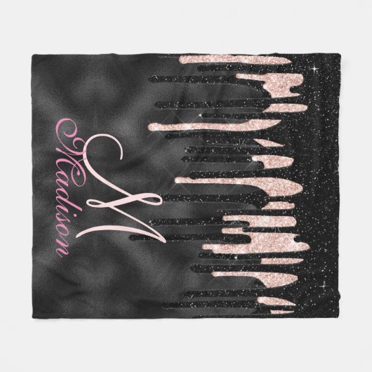Chique roos blush zwart glitter druppelen monogram fleece deken (Voorkant (Horizontaal))