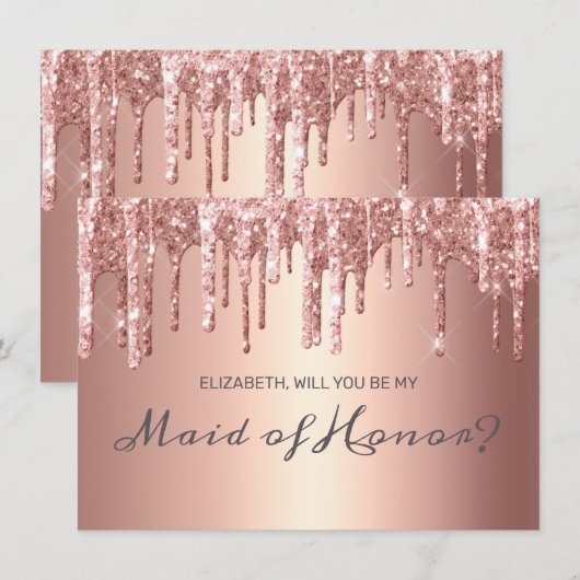 Chique Roos Gold Dripping Glitter Maid of Honor Kaart (Voorkant / Achterkant)