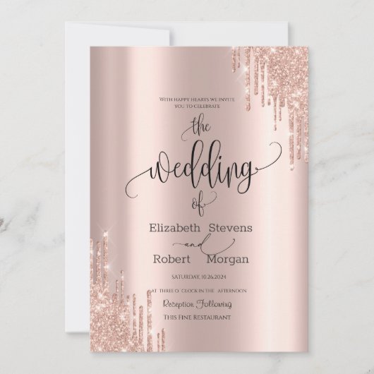 Chique Roos Gold Drips Bruiloft Uitnodiging (Voorkant)