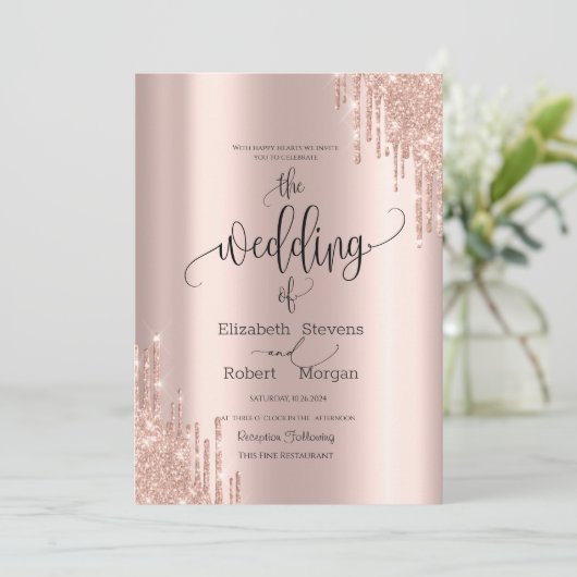 Chique Roos Gold Drips Bruiloft Uitnodiging (Staand voorkant)