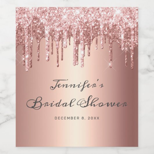 Chique Roos Gold Glitter Drips Script Vrijgezellen Wijn Etiket (Enkel label)