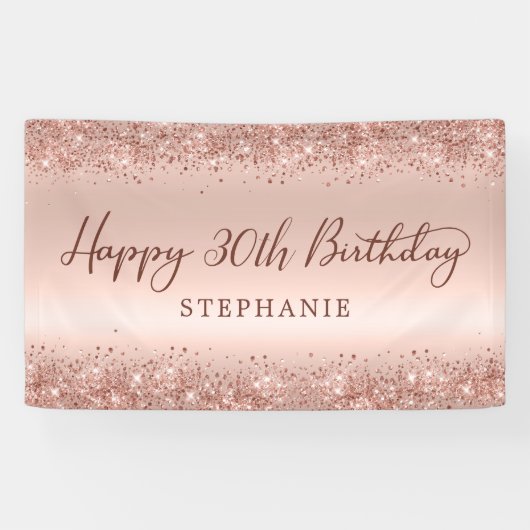 Chique Roos Gold Glitter Happy 30th Birthday Scrip Spandoek (Horizontaal)