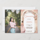 Chique Roos Gold Quinceañera jurk Bloemenboog Foto Kaart (Voorkant)