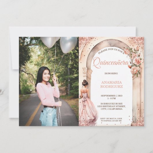 Chique Roos Gold Quinceañera jurk Bloemenboog Foto Kaart (Voorkant)