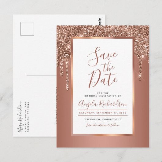 Chique Roos Gold Sparkle Glitter Drips Save the Da Briefkaart (Voorkant / Achterkant)