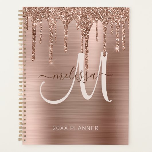 Chique Roos Goud Dripping Glitter Geborsteld Metaa Planner (Voorkant)